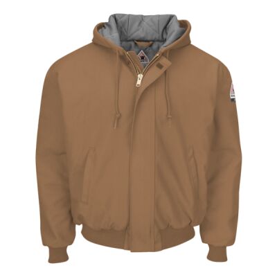 Men's Insulated Brown Duck Hooded Jacket with Knit Trim Thumbnail